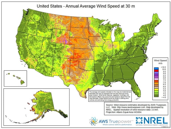 Map showing annual wind speed at a height of 30 meters (98.4 feet). 